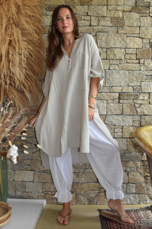 Tasha Cushion Cotton Oversized Shirt Tunic Stone